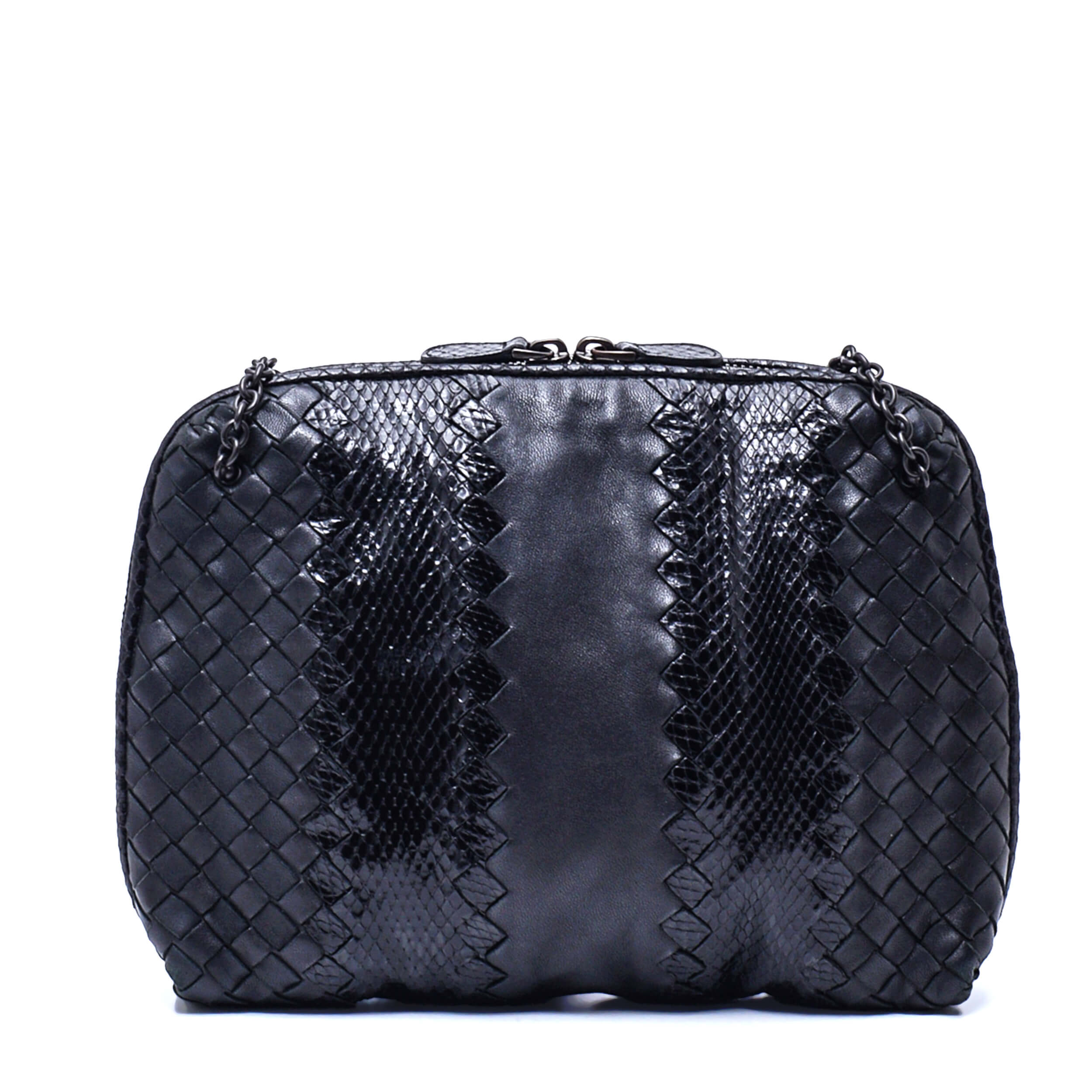 Bottega Veneta - Black Intrecciato Nodini Snakeskin Woven Leather Bag